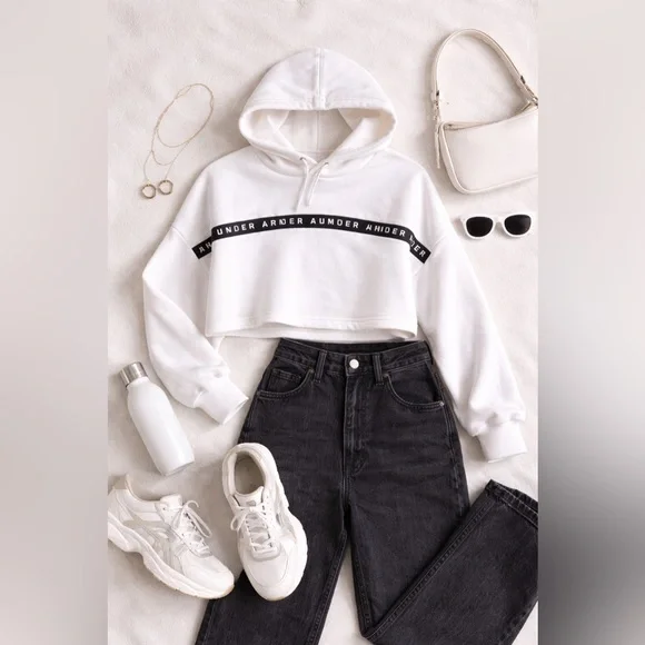 Under Armour White Logo Tape Hoodie Loose Fit Women’s Medium Athleisure Fleece - Picture 8 of 12